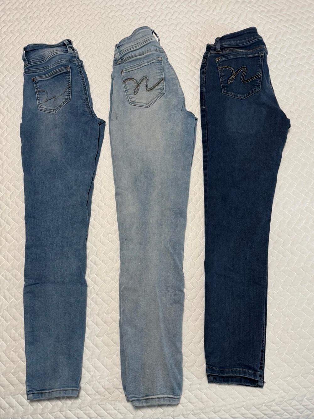 Wallflower Women's Skinny Jeans Trio - Light Blue, Medium Blue & Dark Blue